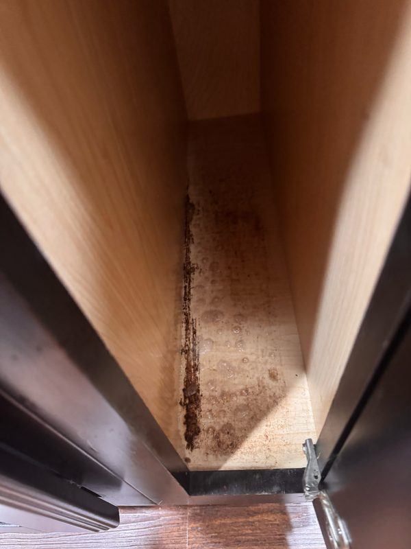Looking down into the narrow inside corner of an empty kitchen cabinet before cleaning, with a dried rust-colored streak running down the join between the panels.